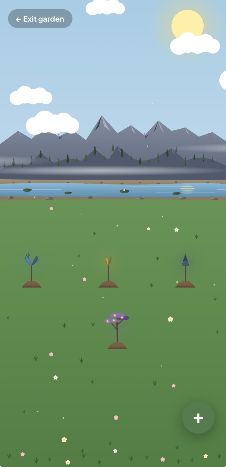 A garden of grown trees in the JustGoBloom app, one tree for each goal