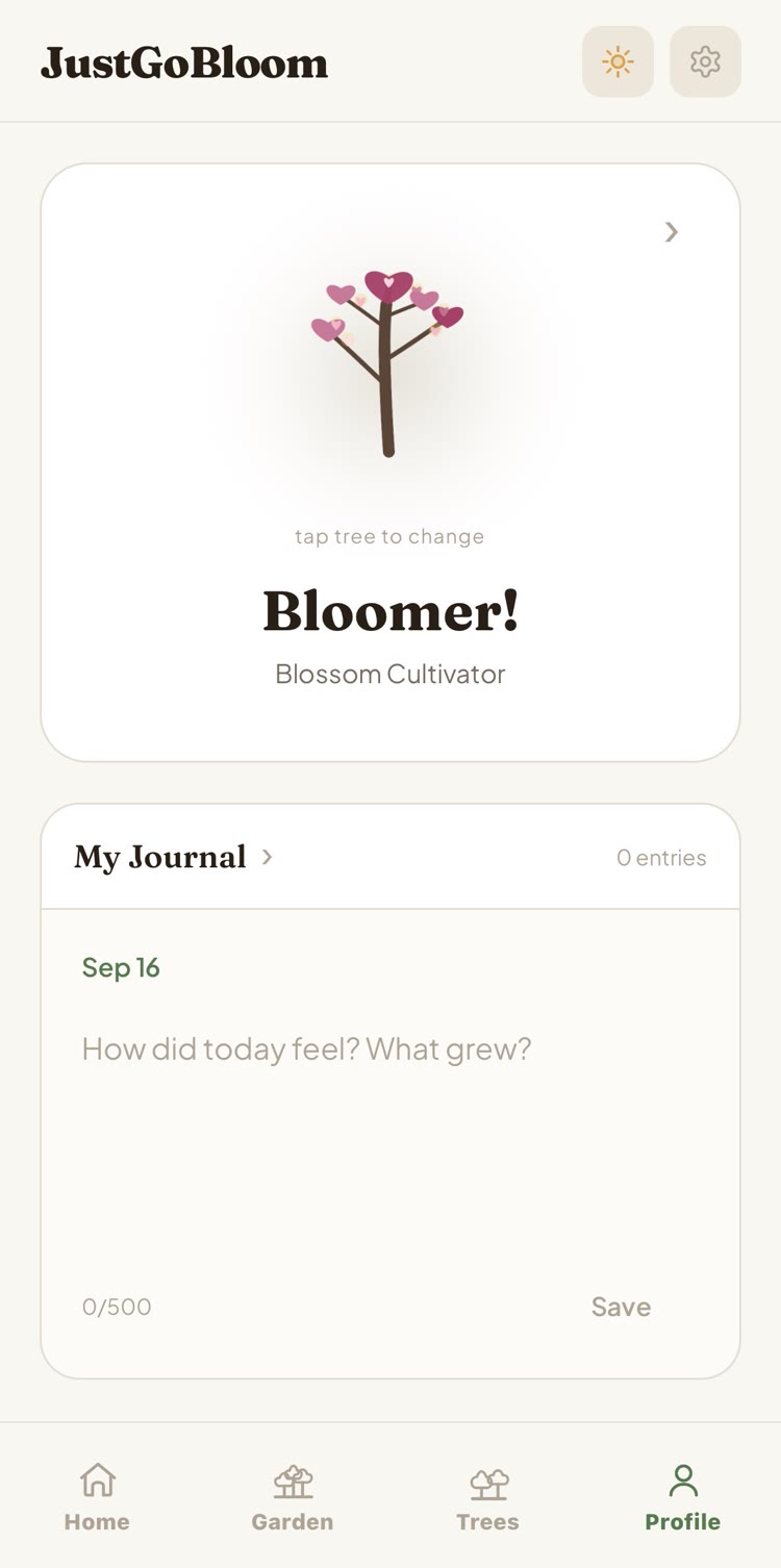 The journal and streak calendar in the JustGoBloom app